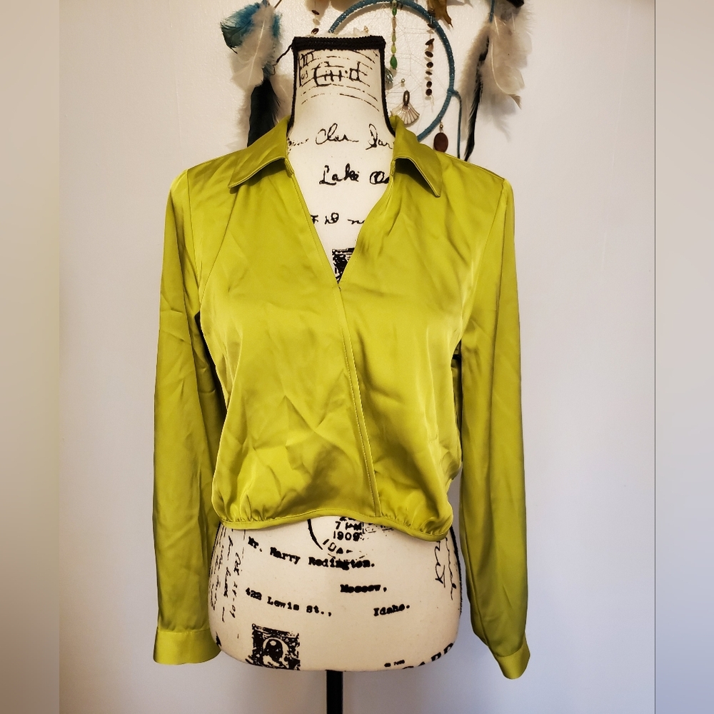 Rachel Zoe | Chartreuse Yellow-Green Polyester Satin Crop Blouse - Sz: Medium